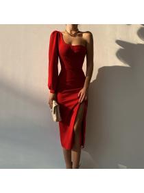 Outlet Hot style Autumn new sexy backless single-shoulder sleeve slit long dress