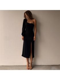 Outlet Hot style Autumn new sexy backless single-shoulder sleeve slit long dress