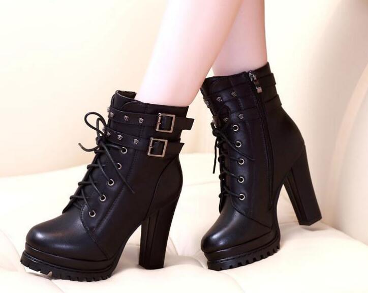 Outlet Sexy Round-toe Thick Flatform High heels Lace-up Boots
