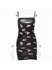 Outlet Hot style Autumn new backless printed Double layer mesh camisole dress