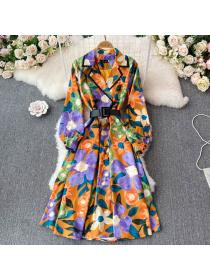 Outlet Lapel Long-sleeved Double-breasted Lace-up Waistband Printed Long Coat