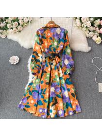 Outlet Lapel Long-sleeved Double-breasted Lace-up Waistband Printed Long Coat 