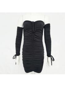 Outlet Hot style Autumn new sexy pleated dress single-shoulder long-sleeved dressdiamond dress