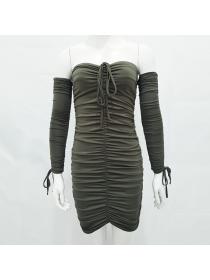 Outlet Hot style Autumn new sexy pleated dress single-shoulder long-sleeved dressdiamond dress