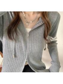 Outlet loose long-sleeved knitted cardigan sweater Korean style double zipper jacket for women