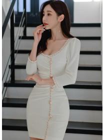 For Sale Pure Color Button Matching Slim Dress 