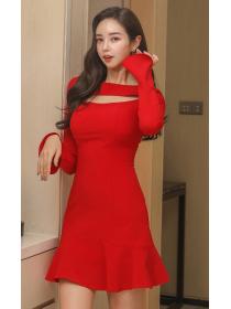 Korean  Style Pure Color Slim Fashion Dress 