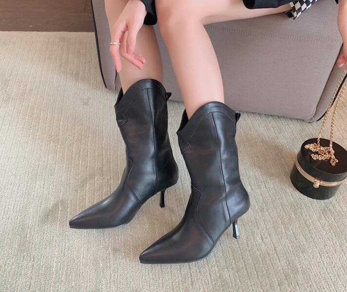 Outlet high-heeled Korean fashion soft leather zipper mid-tube boots