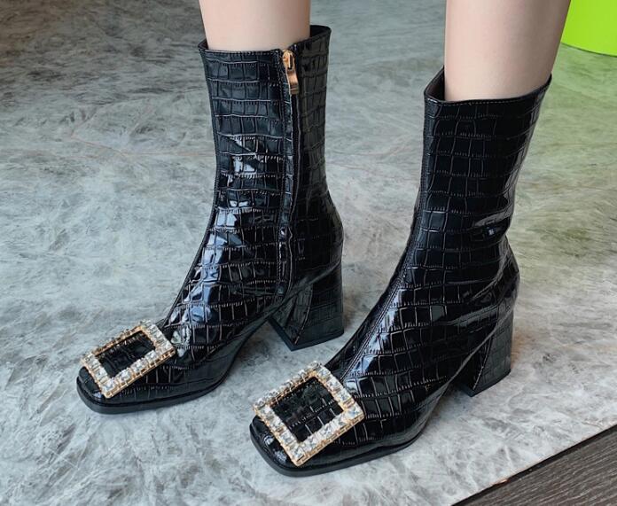 Outlet Side zipper Mid-tube boots rhinestone black high-heeled ankle boots