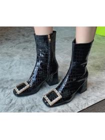  Outlet Side zipper Mid-tube boots rhinestone black high-heeled ankle boots