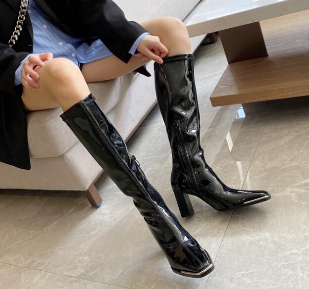 Outlet Patent leather long knight boots knee-length boots