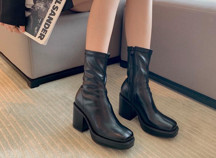 Outlet square toe waterproof platform thick high heelside zipper ankle boots