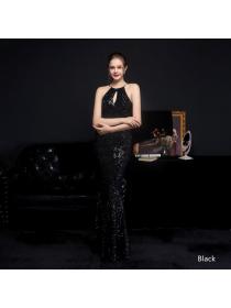 Outlet New style elegant long halter neck sequined fishtail evening dress for banquet