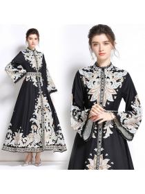 On Sale Horn Sleeve Show Waist Printing Maxi Dress