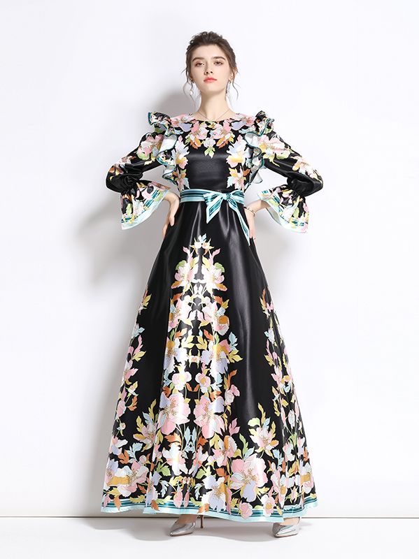 European Style Doll Collars Flower Show Waist Maxi Dress
