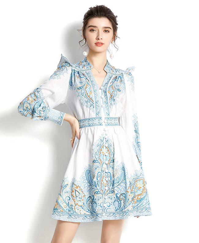 On Sale Stand  Collars Horn Sleeve Printing Dress