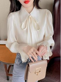 On Sale Bowknot Matching Horn Sleeve Drape Blouse 