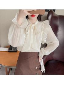 On Sale Bowknot Matching Horn Sleeve Drape Blouse 