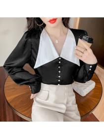 Outlet Color Matching Puff Sleeve Blouse 