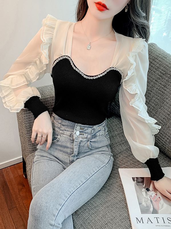 Outlet Color Matching Puff Sleeve Blouse
