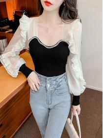 Outlet Color Matching Puff Sleeve Blouse 