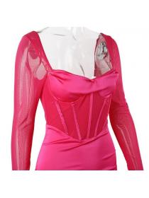 Outlet Hot style Mesh long-sleeved fishbone vest pleated hip-full dress for women