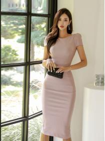 Korean Style Pure Color Open Fork Slim Dress 
