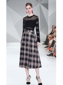 Outlet  Hollow Out Fashion Sexy Top+Grid Printing Tall Waist Skirt 