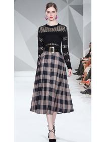 Outlet  Hollow Out Fashion Sexy Top+Grid Printing Tall Waist Skirt 