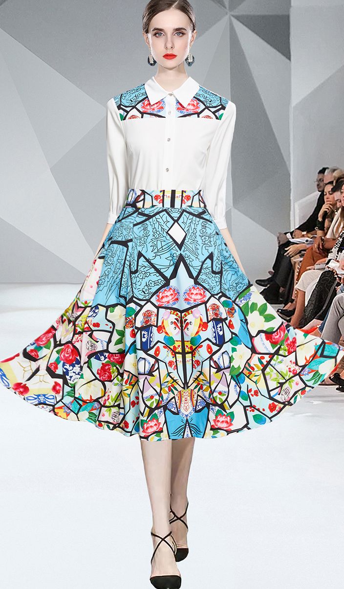 On Sale Doll Collars Fashion Blouse+Printing  Tall Waist Skirt