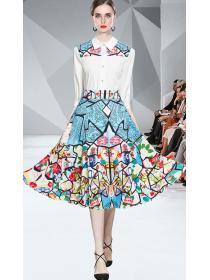 On Sale Doll Collars Fashion Blouse+Printing  Tall Waist Skirt 
