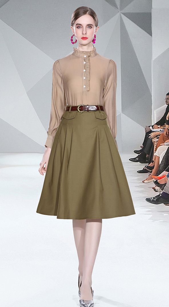 On Sale Stand Collars Fashion Top+Pure Color Tall Waist Skirt