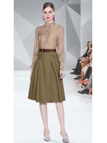 On Sale Stand Collars Fashion Top+Pure Color Tall Waist Skirt 
