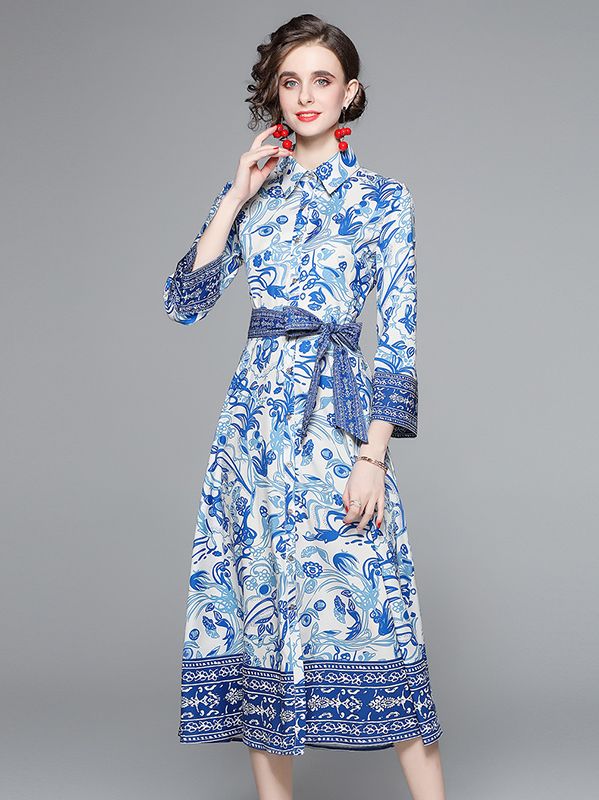 European Style Show Waist Printing Long Sleeve   Dress