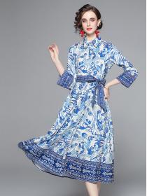 European Style Show Waist Printing Long Sleeve   Dress 