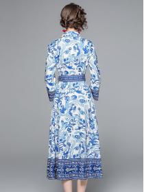 European Style Show Waist Printing Long Sleeve   Dress 