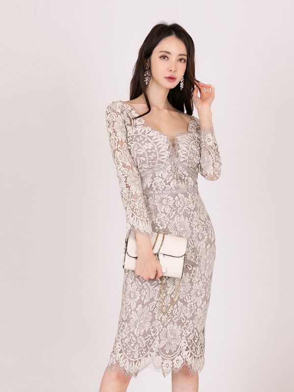 Korean Style Gauze Lace Hollow Out Slim Dress