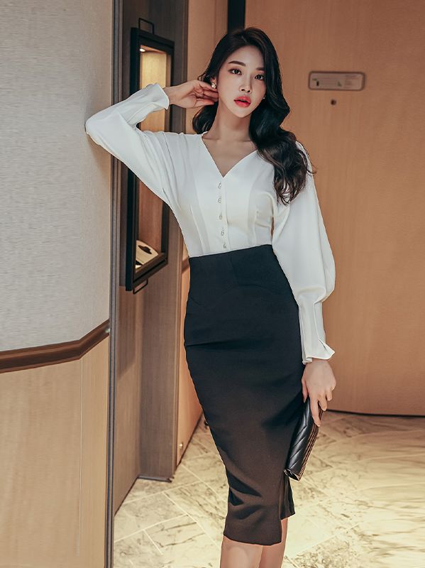 Korean Style V  Collars Button Matching Top+Slim Tall Waist Skirt