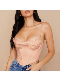 Outlet hot style European fashion women's hot models sexy satin fishbone pleated camisole