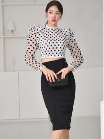 Stand Collars Wave Point Fashion Top+Slim Pure Color Fashion Skirt 