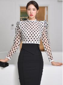 Stand Collars Wave Point Fashion Top+Slim Pure Color Fashion Skirt 