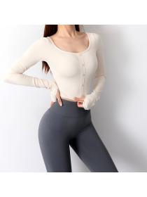 Outlet Button-decorated sports t-shirt women's tight-fitting elastic quick-drying running yoga to...