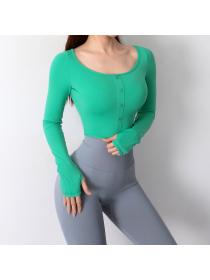 Outlet Button-decorated sports t-shirt women's tight-fitting elastic quick-drying running yoga top