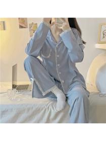 Outlet Simple spring new blue lace long pajamas women's homewear suit
