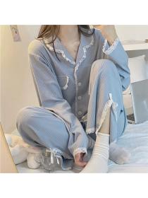 Outlet Simple spring new blue lace long pajamas women's homewear suit