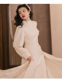 French Vintage High Slit Lace Pearl Turtleneck Dress