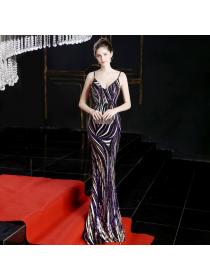 Outlet High-end sequins striped slim evening dinner dress suspenders long dress for women