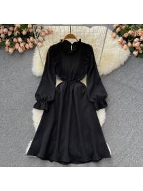 Outlet Ruffled stand collar long-sleeved chiffon dress women's spring new slim A-line dress