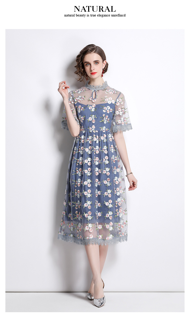 Outlet women's spring summer mid-length embroidered temperament slim dress 