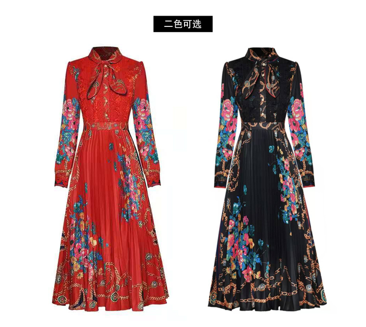 Outlet real shot ladies lace pleated large swing printed long dress